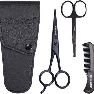 BlueZOO Beard Mustache Scissors and Comb Kit with PU Storage Bag, Rounded Safety Nose Hair Scissor for Men and Women Care Grooming, Ear Trimming Tool, Shears for Personal Grooming, Cutting & Styling