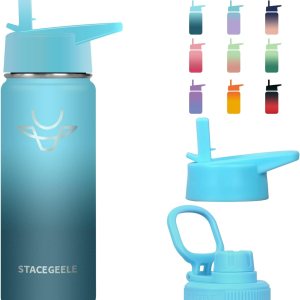 STACEGEELE Insulated Vacuum Water Bottle for Kids with Straw Lid Stainless Steel Flask Thermos for Boys and Girls Leak Proof Lightweight Eco Friendly 18oz(550ml), Hush