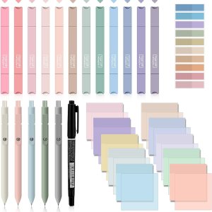 Jutom 29 Pcs Book Annotation Kit Aesthetic Highlighters Gel Pens Set Sticky Notes Tabs Markers Dual Ended Highlighter Quick Dry Ink Pens for Office School Annotating Books(Classic Color, Square)