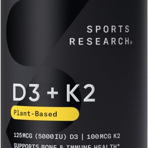 Sports Research Vitamin D3 K2 with Coconut Oil | Plant Based Vitamin K2 MK7 + Vegan D3 5000iu | Vegan Certified, Soy & Gluten Free – 60 Count Softgels