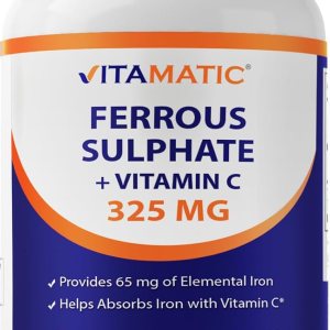 Vitamatic Ferrous Sulphate 325 mg + Vitamin C 100 mg – (65 mg Elemental Iron) High Potency Iron Supplement | No Artificial Color Additives – 250 Coated Tablets – Made in USA