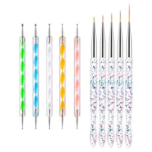 Nail Dotting Tools 10 Pcs Kit 5 pcs Double-end Nail Dotting tools and 5 Pcs Nail Liner Brushes