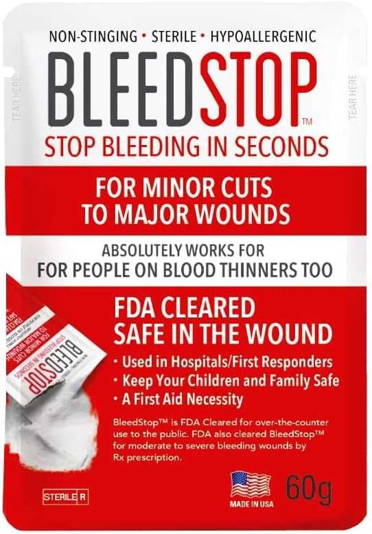 BleedStop™ First Aid Powder for Blood Clotting, Trauma Kit, Blood Thinner Patients, Camping Safety, and Survival Equipment for Moderate to Severe Bleeding Wounds or Nosebleeds – 1 (60g) Pouch BleedStop™ First Aid Powder for Blood Clotting, Trauma Kit, Blood Thinner Patients, Camping Safety, and Survival Equipment for Moderate to Severe Bleeding Wounds or Nosebleeds – 1 (60g) Pouch