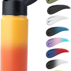 Stainless Steel Water bottle with Straw & Wide Mouth Lid, Wide Rotating Handle, 18oz Double Wall Vacuum Insulated Water Bottle Leak Proof, BPA Free, Keep Cold &Hot, 18oz, Yellow Gradient