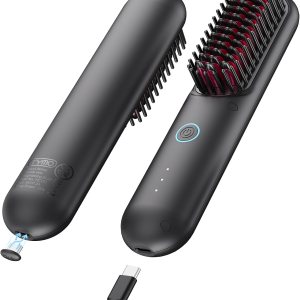 TYMO Cordless Hair Straightener Brush – Porta ECO Portable Straightening Brush for Travel, Mini Hot Ionic Straightener Comb for Women, Ceramic Coating, Lightweight for Touch-ups, Anti-Scald, Black