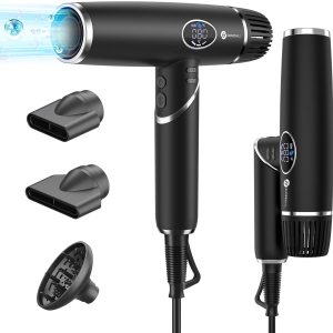 Slopehill Foldable Professional Ionic Hair Dryer, 2000W Portable Blow Dryer with Magnetic Diffuser Attachment for Curly Hair, 110,000 RPM Hair Dryer for Travel Salon, LCD Display/AUTO Clean