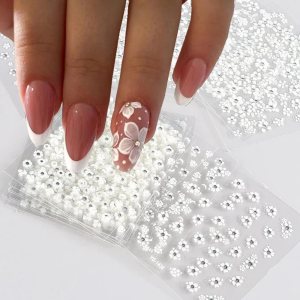 30Sheets Floral Nail Art Stickers Decals 3D Self Adhesive White Flower Designs Nail Supplies White Flower Stickers with Rhinestones Nail Decorations for Women Manicure Charms Transfer Tool Nail Wraps