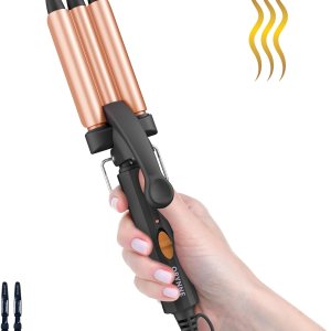 Small Hair Crimper, 1/2 Inch Beach Waves Curling Iron, Mini Hair Waver for Short & Long Hair, Argan Oil Infused 3 Barrel Curling Iron, Fast Heat Up Crimps Hair Iron, Light Weight & Easy to Use