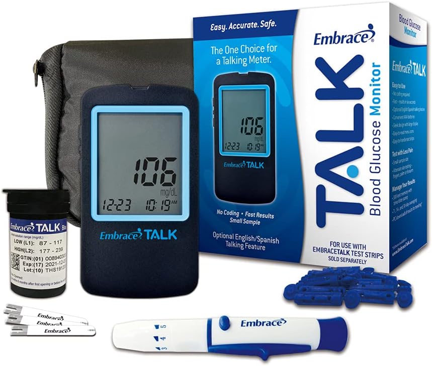 Embrace Talk Diabetes Testing Kit – Embrace Talk Blood Glucose Meter, 50 Blood Test Strips, 1 Lancing Device, 30 Gauge Lancets-50 Count and Carrying Case Embrace Talk Diabetes Testing Kit – Embrace Talk Blood Glucose Meter, 50 Blood Test Strips, 1 Lancing Device, 30 Gauge Lancets-50 Count and Carrying Case