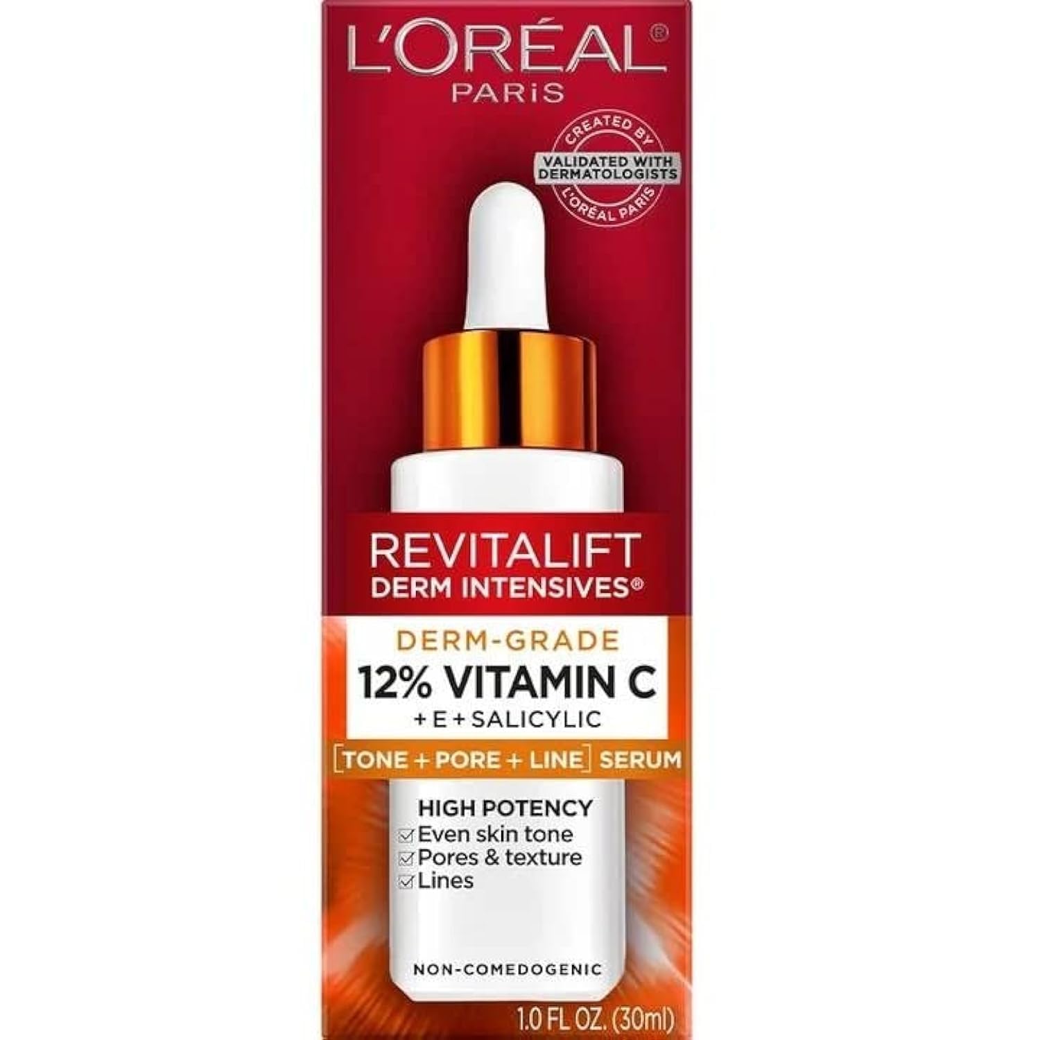 L’Oreal Paris Revitalift Derm Intensives Derm Grade 12% Vitamin C + E + Salicylic Serum, 1.0 Fl. Oz., 0.32 pounds L’Oreal Paris Revitalift Derm Intensives Derm Grade 12% Vitamin C + E + Salicylic Serum, 1.0 Fl. Oz., 0.32 pounds