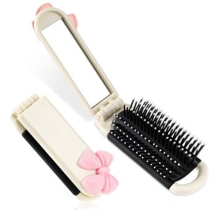 Travel Hair Brush with Removable Mirror Folding Hair Brush Collapsable Pocket Size Brush Mini Travel Brush Massage Comb Compact Hair Brush Hair Styling Tools for Gym,Trip,Purse,Swimming (Cream Colour)