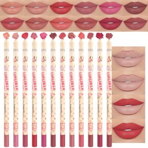 12 Pcs Natural Nude Brown Beige Colors Lip Liner Lipstick Pencils Set for Daily Makeup,Easy to Apply & Remove,Waterproof (set16)