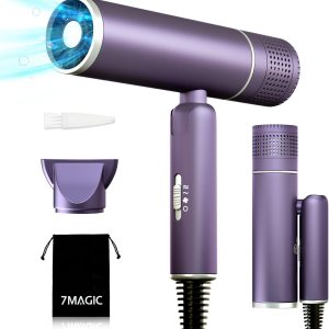 7MAGIC Foldable Hair Dryer, Powerful Ionic Blow Dryer for Fast Drying, Travel Hair Blow Dryer with Storage Bag, Lightweight Portable Hairdryer for Women, Cold/2 Heating/2 Speed Settings, Purple