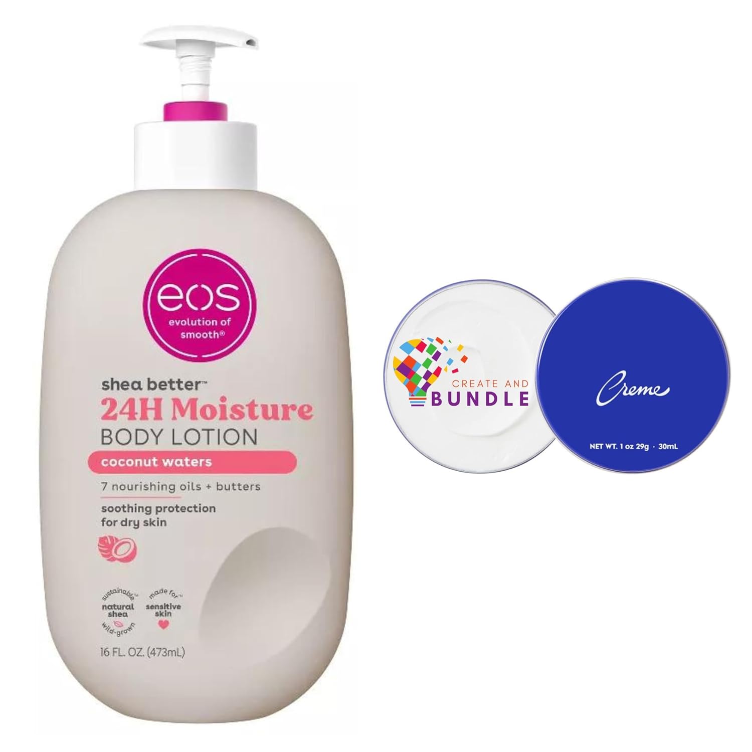 eos Shea Better Body Lotion – Coconut Waters, 24-Hour Moisture Skin Care, Lightweight & Non-Greasy, Made with Natural Shea, Vegan, 16 fl oz + Creme travel size 1oz + Createandbundle Sticker eos Shea Better Body Lotion – Coconut Waters, 24-Hour Moisture Skin Care, Lightweight & Non-Greasy, Made with Natural Shea, Vegan, 16 fl oz + Creme travel size 1oz + Createandbundle Sticker
