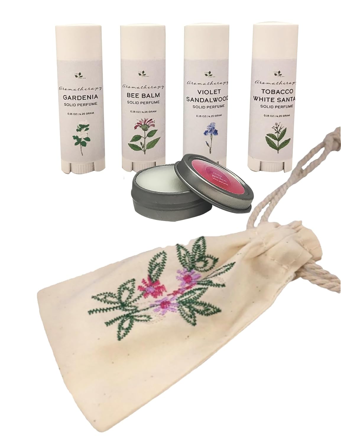 5 Piece Set – Natural Travel Size Solid Perfume with Free Embroidered Cotton Bag – Phthalate Free – Rose Garden, Bee Balm, Violet Sandalwood, Gardenia, Tobacco White Santal 5 Piece Set – Natural Travel Size Solid Perfume with Free Embroidered Cotton Bag – Phthalate Free – Rose Garden, Bee Balm, Violet Sandalwood, Gardenia, Tobacco White Santal