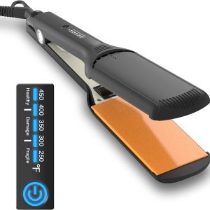 1¾” Hair Straightener, 1.75in Wide Flat Iron/Plancha de Cabello, Adjustable Temperature, Ceramic Coated Floating Panel, 30s Fast Heating, Dual Voltage, for Thick Curly Hair
