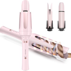 Automatic Curling Iron Hair Curler, Replaceable Curling Wand with 2 Sizes Barrel (1″, 1.25″) & 3 Temps, Hair Waver with Anti-Tangle & Auto-Off, Double Voltage Rotating Curling Iron for Long Hair-Rose