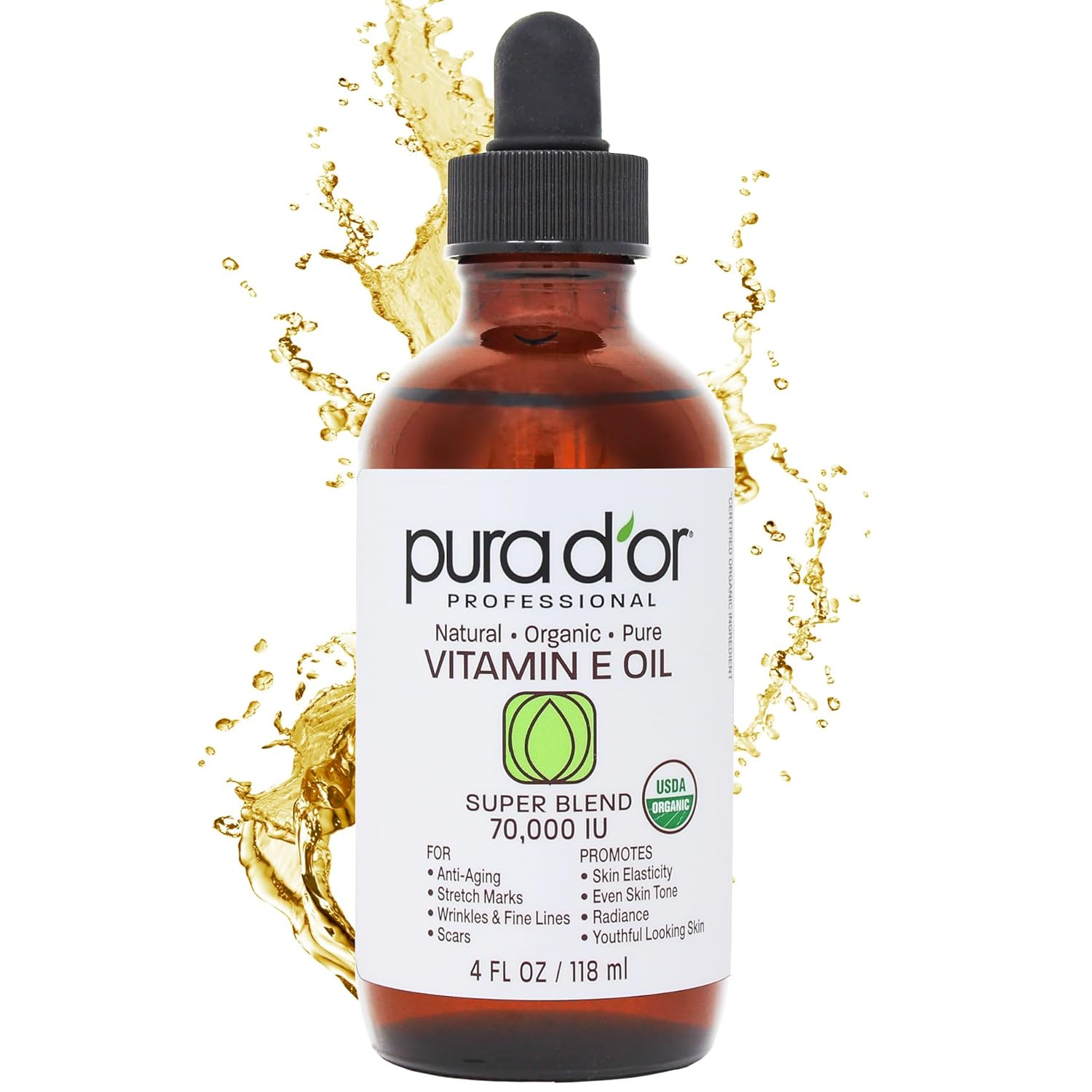 PURA D’OR 4 Oz ORGANIC Vitamin E Oil Blend 70,000 IU – 100% Natural Hexane Free, Sweet Almond, Apricot, Jojoba, Argan, Rosehip, Sunflower & Avocado Bath Oil For Scars, Skin, Face & Full Body PURA D’OR 4 Oz ORGANIC Vitamin E Oil Blend 70,000 IU – 100% Natural Hexane Free, Sweet Almond, Apricot, Jojoba, Argan, Rosehip, Sunflower & Avocado Bath Oil For Scars, Skin, Face & Full Body