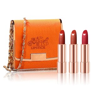 Matte Lipstick Set 3 Colors Lip Stick with Orange Chain Bag Package Velvet Lip stick Set Waterproof Non-Stick Cup Long Lasting Retractable Red Lipstick Set 3.5gx3 Pcs