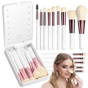 Travel Makeup Brush Set with LED Mirror, Professional and Mini Makeup Brushes Set 14Pcs, Eye Shadows Makeup Set Storage Box (White Gold)