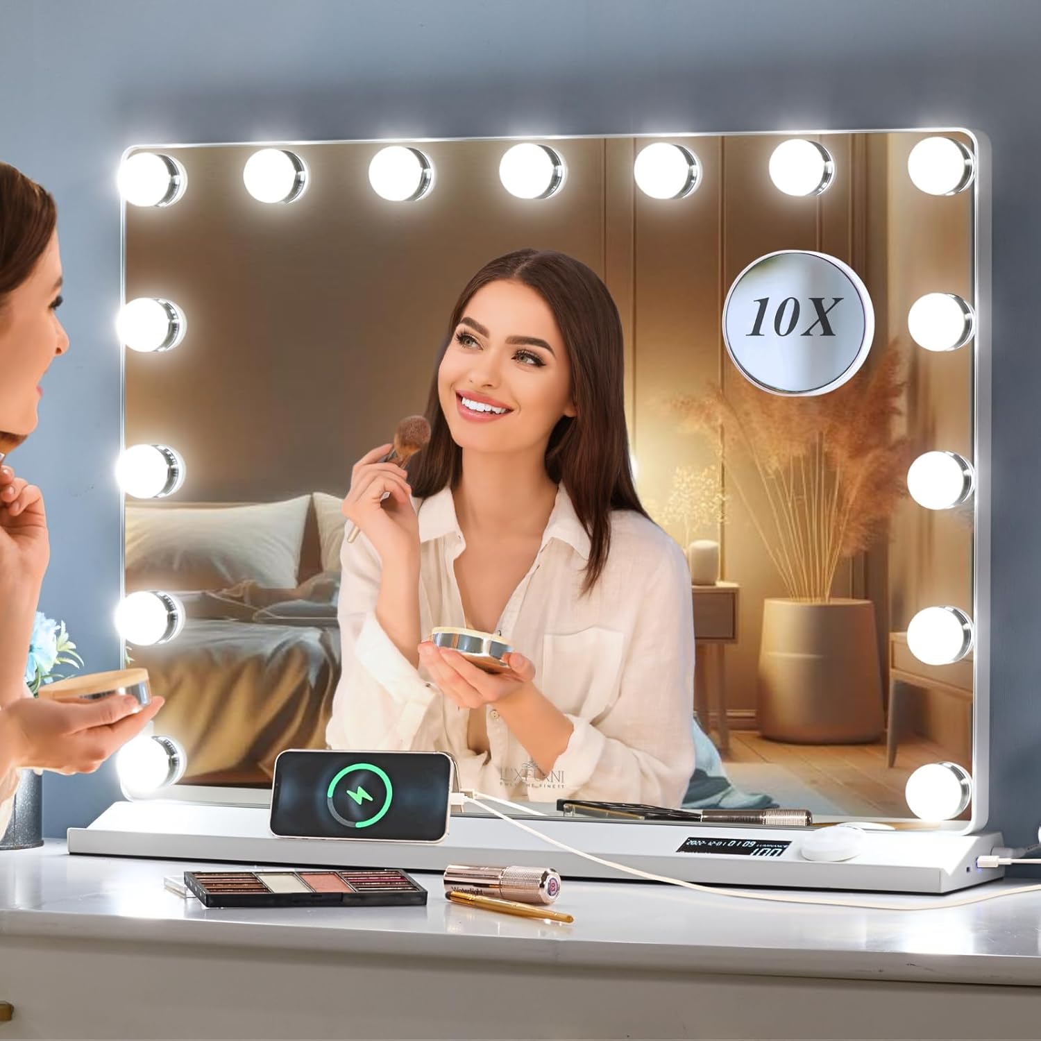 LUXFURNI Vanity Mirror with Lights, Makeup Mirrors Hollywood Mirror with 15 LED Bulbs, 3 Colors Modes & Adjustable Brightness, 10x Magnification, USB Charging (23″x 18″) LUXFURNI Vanity Mirror with Lights, Makeup Mirrors Hollywood Mirror with 15 LED Bulbs, 3 Colors Modes & Adjustable Brightness, 10x Magnification, USB Charging (23″x 18″)
