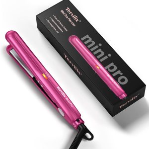 Terviiix Mini Flat Iron Adjustable Temperature, Travel-size Mini Hair Straightener, Small Flat Irons for Short Hair/Curls Bangs, Ceramic Portable Tiny Hair Curler, Dual Voltage, Auto-Off, Pink, 1/2”