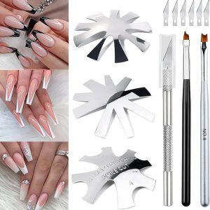 French Cutter for Nails, Lokyango 3pcs French Tip Cutter Edge Trimmer Easy Smile Line Acrylic V Cut Nail with 2pcs Brush, 1pcs Cutting Knife, 5 Spare Blades 7 Piece Set (A)