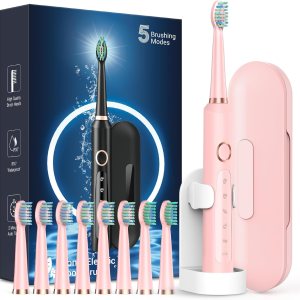 Sonic Electric Toothbrush for Adults – Rechargeable Electric toothbrush with 8 Brush Heads & Travel Case,Teeth Whitening , Power Electric Toothbrush with Holder, 3 Hours Charge for 120 Days – Pink