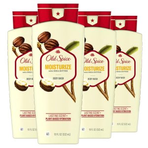 Old Spice Men’s Body Wash Moisturize with Shea Butter, Lasting Scent, 24/7 Shower Freshness, Hydration, 18 oz (Pack of 4)