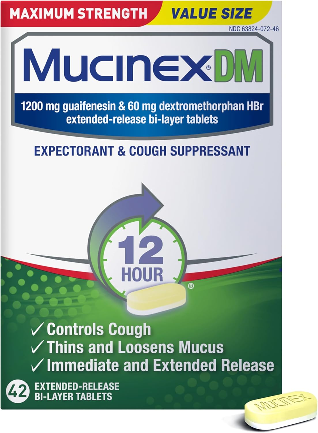 Mucinex DM 12Hr Maximum Strength Chest Congestion & Cough Medicine For Adults, Cold And Cough Medicine for Excess Mucus Relief, 1200 mg Guaifenesin & 60 mg Dextromethorphan HBr, 42 Bi-Layer Tablets Mucinex DM 12Hr Maximum Strength Chest Congestion & Cough Medicine For Adults, Cold And Cough Medicine for Excess Mucus Relief, 1200 mg Guaifenesin & 60 mg Dextromethorphan HBr, 42 Bi-Layer Tablets