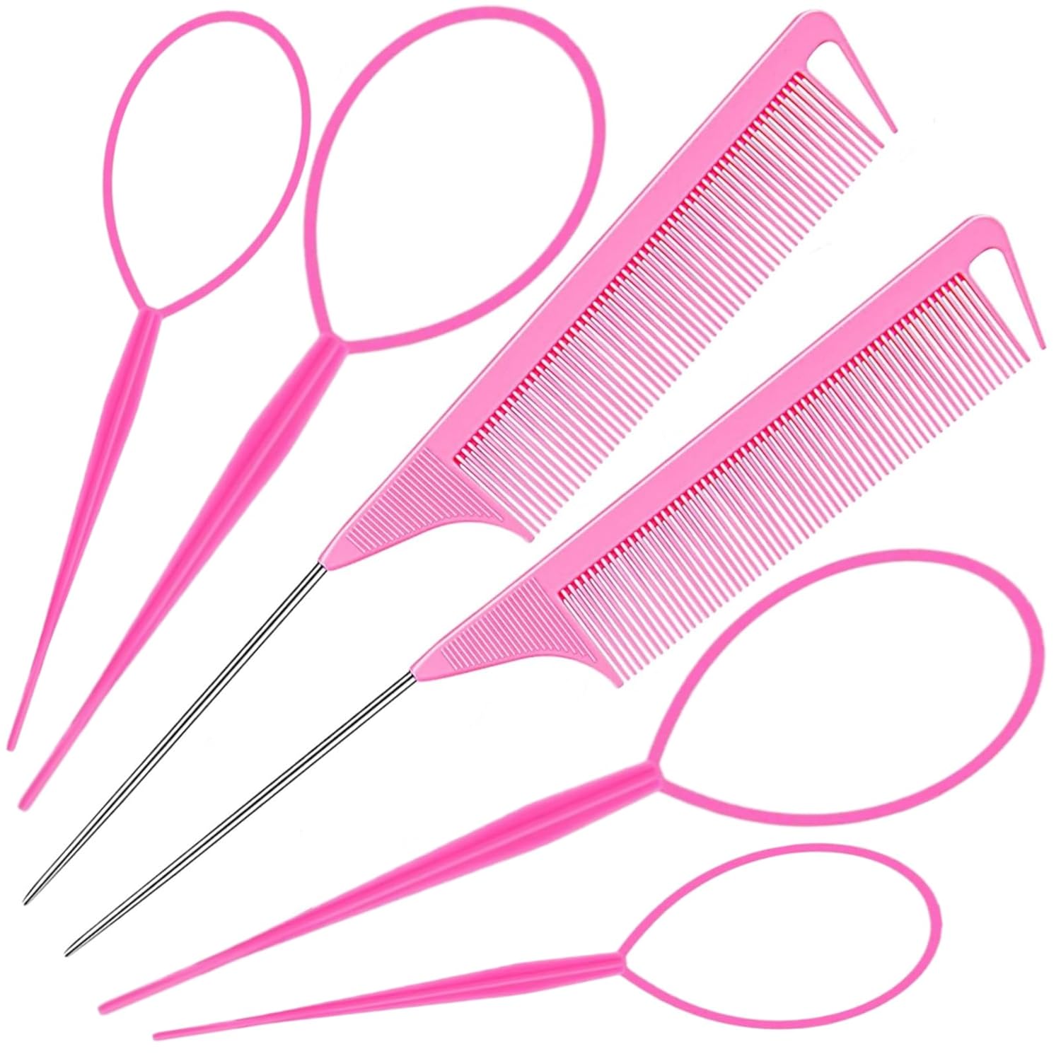 Topsy Hair Tail Tool & Rat Tail Comb.6Pcs Pink Hair Loop Styling Tools Set with 2Pcs Steel Pin Rat Tail Combs,4Pcs Pony Tail Hair Tool,hair Flip Pull Through Tool for women,Girl Hairstyles,A Gift Topsy Hair Tail Tool & Rat Tail Comb.6Pcs Pink Hair Loop Styling Tools Set with 2Pcs Steel Pin Rat Tail Combs,4Pcs Pony Tail Hair Tool,hair Flip Pull Through Tool for women,Girl Hairstyles,A Gift