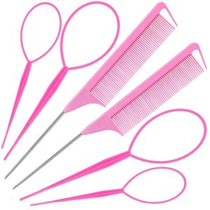 Topsy Hair Tail Tool & Rat Tail Comb.6Pcs Pink Hair Loop Styling Tools Set with 2Pcs Steel Pin Rat Tail Combs,4Pcs Pony Tail Hair Tool,hair Flip Pull Through Tool for women,Girl Hairstyles,A Gift