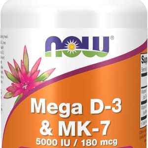 NOW Supplements, Mega D-3 & MK-7 with Vitamins D-3 & K-2, 5,000 IU/180 mcg, Bone & Cardiovascular Support*, 60 Veg Capsules