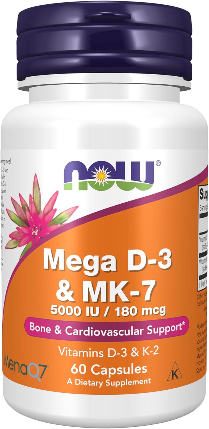NOW Supplements, Mega D-3 & MK-7 with Vitamins D-3 & K-2, 5,000 IU/180 mcg, Bone & Cardiovascular Support*, 60 Veg Capsules NOW Supplements, Mega D-3 & MK-7 with Vitamins D-3 & K-2, 5,000 IU/180 mcg, Bone & Cardiovascular Support*, 60 Veg Capsules
