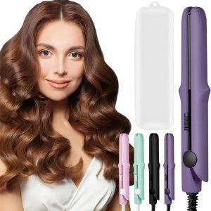 2-in-1 Mini Curling Wand Flat Iron Hair Straightener, Mini Dual Purpose Curling Flat Iron, Long-Lasting Portable Travel Curling Wand for Short Long Hair All Hair Types (Purple)
