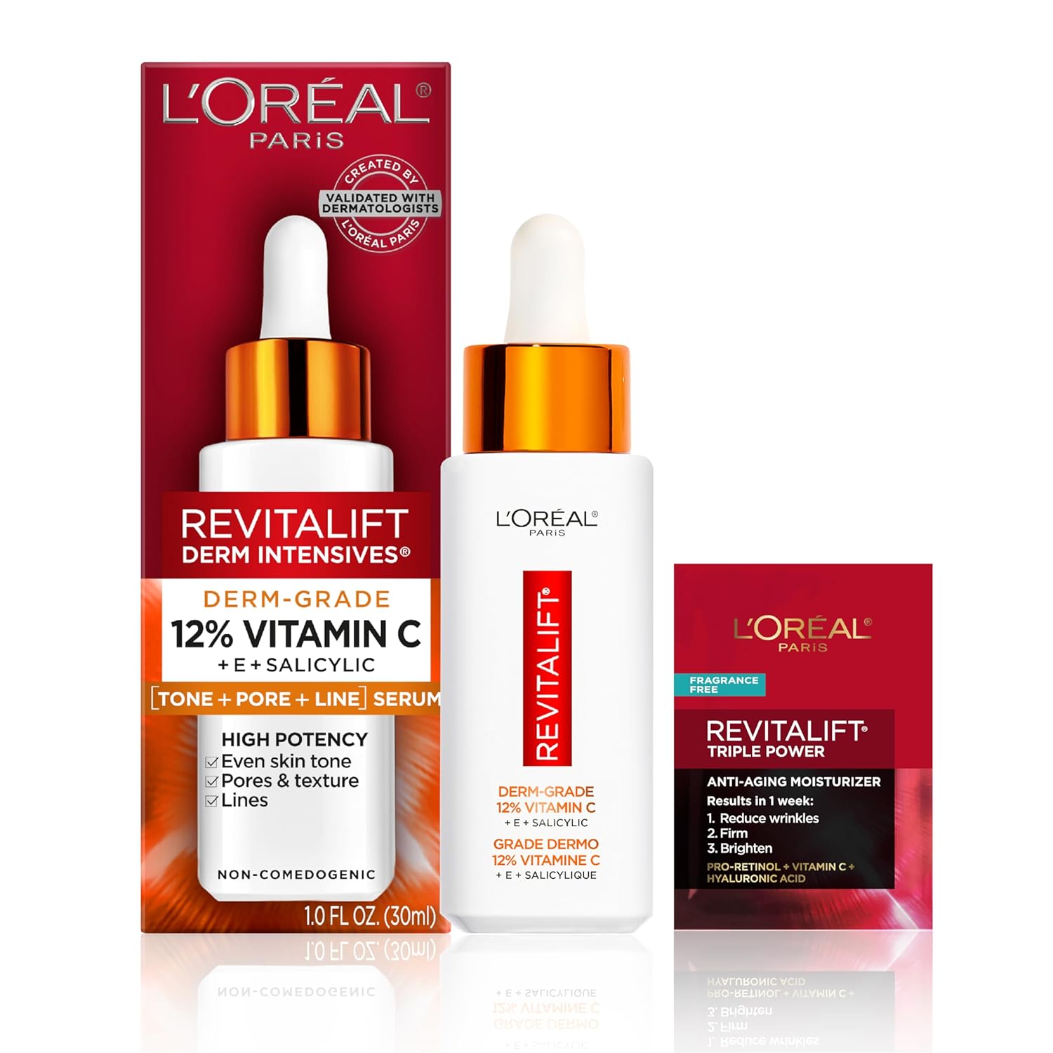 L’Oreal Paris Revitalift 12% Pure Vitamin C Serum, Vitamin E, Salicylic Acid, Brightening 1 oz + Moisturizer Sample L’Oreal Paris Revitalift 12% Pure Vitamin C Serum, Vitamin E, Salicylic Acid, Brightening 1 oz + Moisturizer Sample