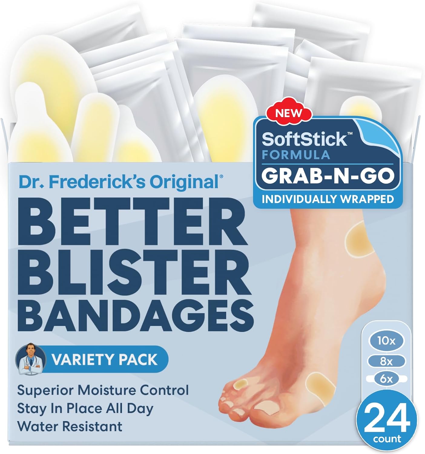 Dr. Frederick’s Original SoftStick Better Blister Bandages – 24 ct – Extra Soft, Extra Stick – Grab-N-Go – Water Resistant Hydrocolloid Bandages for Blister Prevention – Variety Pack Dr. Frederick’s Original SoftStick Better Blister Bandages – 24 ct – Extra Soft, Extra Stick – Grab-N-Go – Water Resistant Hydrocolloid Bandages for Blister Prevention – Variety Pack