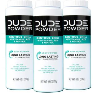 DUDE Body Powder – Menthol Chill 4 Ounce (3 Bottle Pack) Natural Deodorizers Cooling Menthol & Aloe, Talc Free Formula, Corn-Starch Based Daily Post-Shower Deodorizing Powder for Men