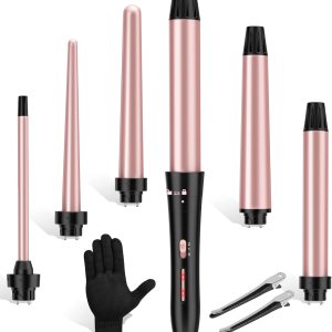 Curling Iron Set, USHOW 6 in 1 Curling Wand Set Hair Iron Kit Instant Heat Up Hair Curler with 6 Interchangeable Tourmaline Ceramic Barrels (0.35” to 1.25”) Temperature Adjustments, with Gloves
