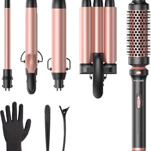 Wavytalk 5 in 1 Curling Wand Set, Dual Voltage Curling Iron Set with 5 Interchangeable Barrels Included A Thermal brush, A Hair Crimper and 3 Ceramic Curling Wands(0.5″-1.25″), Rose Pink