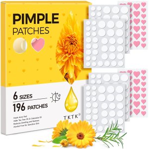 TKTK Pimple Patches for Face: 6 Sizes Day and Night Acne Patches Heart Zit Patches – Cute Spot Stickers with Tea Tree & Centella Oil, Strong Adhesion Zit Covers | 196 Counts