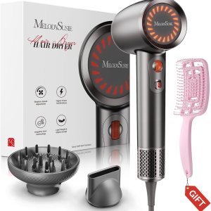 MelodySusie Hair Dryer with Diffuser,1600W Powerful Ionic Blow Dryer with Diffuser,Nozzle and Hair Brush,3 Temps & Stepless Speed,120000 RPM Fast Drying Low Noise Hairdryer,Ideal for Women Curly