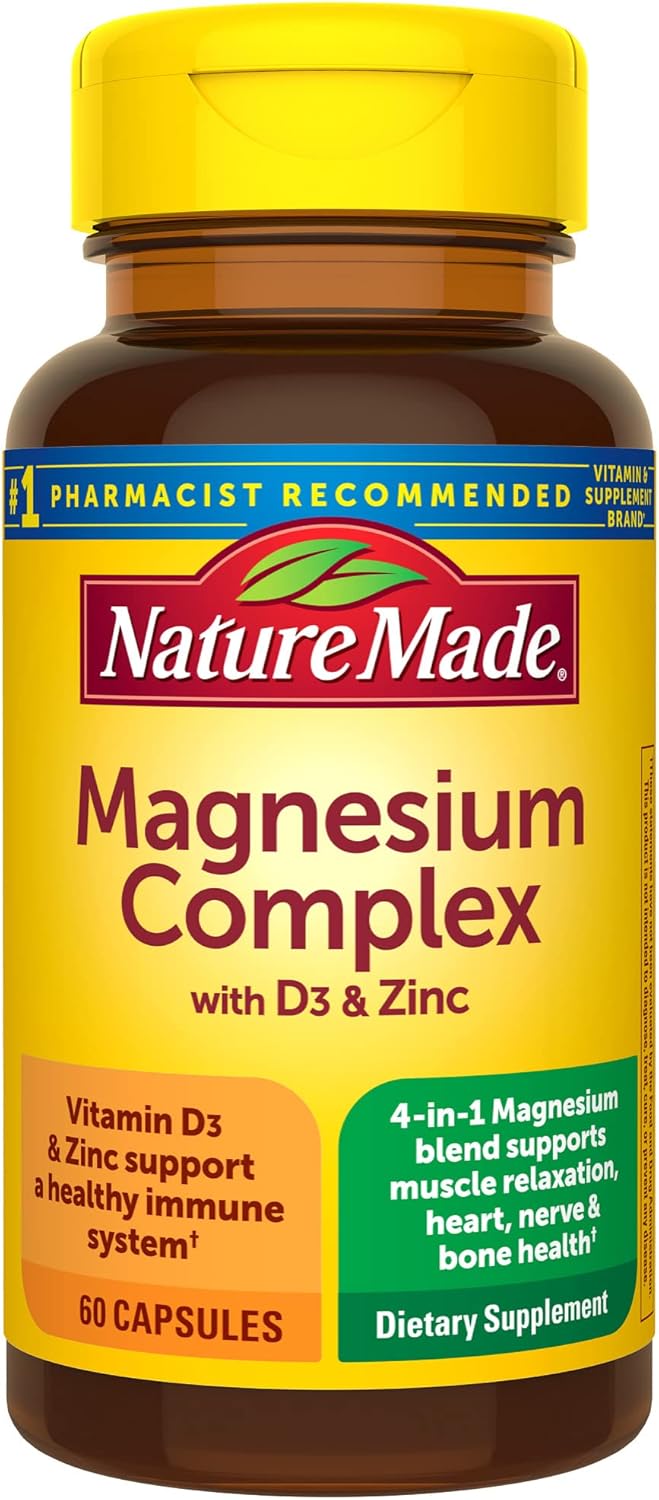 Nature Made Magnesium Complex with Vitamin D and Zinc Supplements, Magnesium Supplement for Muscle, Nerve, Heart & Bone Support with Vitamin D3 & Zinc for Immune Support, 60 Capsules, 30 Day Supply Nature Made Magnesium Complex with Vitamin D and Zinc Supplements, Magnesium Supplement for Muscle, Nerve, Heart & Bone Support with Vitamin D3 & Zinc for Immune Support, 60 Capsules, 30 Day Supply