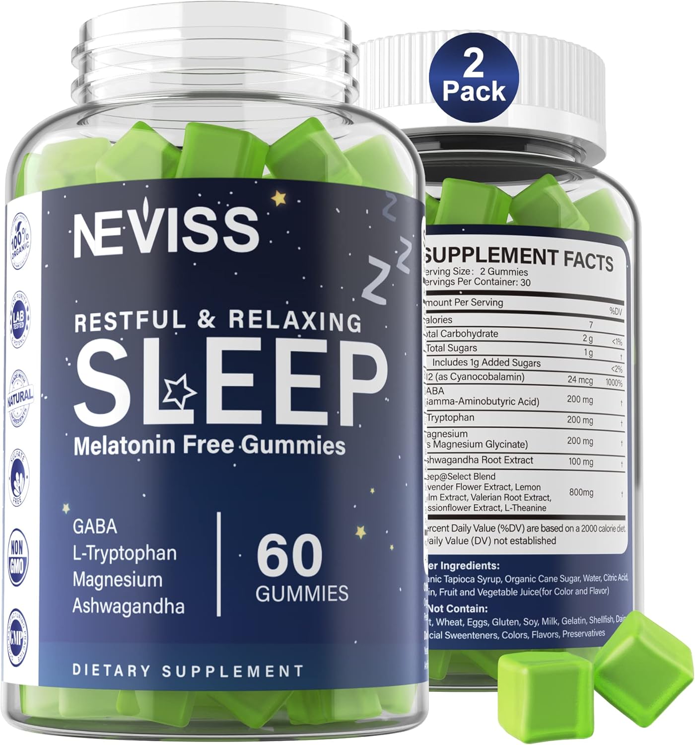 NEVISS Melatonin Free Sleep Aid Gummies for Adults – GABA, L-Tryptophan, Magnesium, Ashwagandha – Non-Habit Forming, Help for Deep Relaxation – Vegan, Meyer Lemon Flavor, 2Pack NEVISS Melatonin Free Sleep Aid Gummies for Adults – GABA, L-Tryptophan, Magnesium, Ashwagandha – Non-Habit Forming, Help for Deep Relaxation – Vegan, Meyer Lemon Flavor, 2Pack