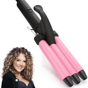 Mini 3 Barrel Curling Iron, Small Hair Crimper 1/2 Inch, Dual Voltage Three Barrel Hair Waver, Portable Ceramic Tourmaline Triple Barrel Crimper Hair Iron for Home and Travel, Pink