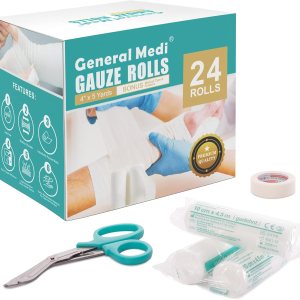 General Medi Conforming Bandage, 4” x 5 Yards Stretched, 24-Pack Gauze Bandage Rolls with Bonus Tape + Scissors, First Aid Supplies, Non-Sterile