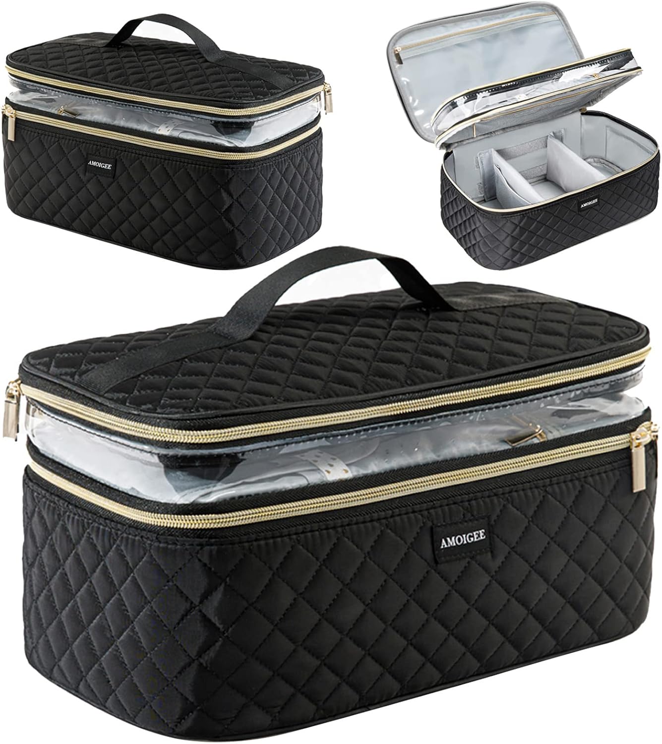 AMOIGEE Large Makeup Bag, Travel Makeup Bag Organizer, Double Layer Train Case Makeup Bag, Toiletry Bag for Makeup Brushes, Full Size Bottles, Palettes Sponge, Cosmetic Organizer, Black AMOIGEE Large Makeup Bag, Travel Makeup Bag Organizer, Double Layer Train Case Makeup Bag, Toiletry Bag for Makeup Brushes, Full Size Bottles, Palettes Sponge, Cosmetic Organizer, Black