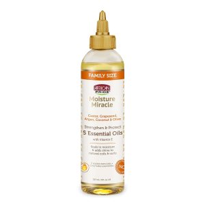 African Pride Moisture Miracle 5 Essential Hair Oils – Contains Castor, Grapeseed, Argan, Coconut & Olive Oil, Seals in Moisture & Adds Shine to Hair, Vitamin E, 8 oz