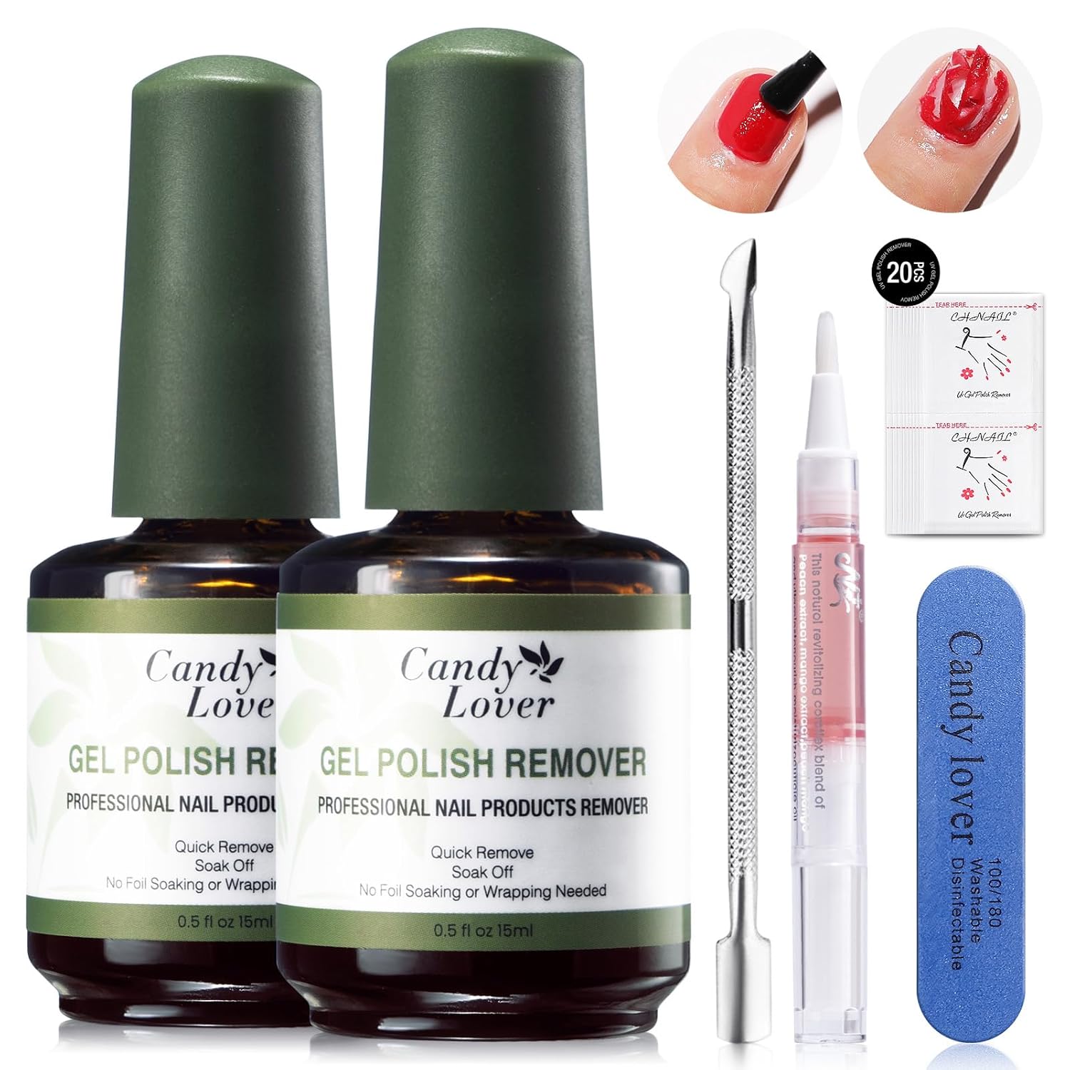 Candy Lover Gel Nail Polish Remover Kit – 2 Pack Professional Gel Polish Remover for Nails with Cuticle Pusher & Cuticle Oil and Nail File, Gel Remover for Nails in 3-5 Minutes, Doesn’t Hurt Nails Candy Lover Gel Nail Polish Remover Kit – 2 Pack Professional Gel Polish Remover for Nails with Cuticle Pusher & Cuticle Oil and Nail File, Gel Remover for Nails in 3-5 Minutes, Doesn’t Hurt Nails