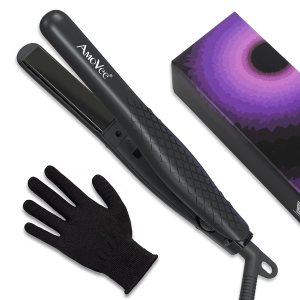 AmoVee Mini Portable Flat Iron, Ceramic Tourmaline Dual Voltage Travel Hair Straightener, Small Flat Irons for Short Hair, Black